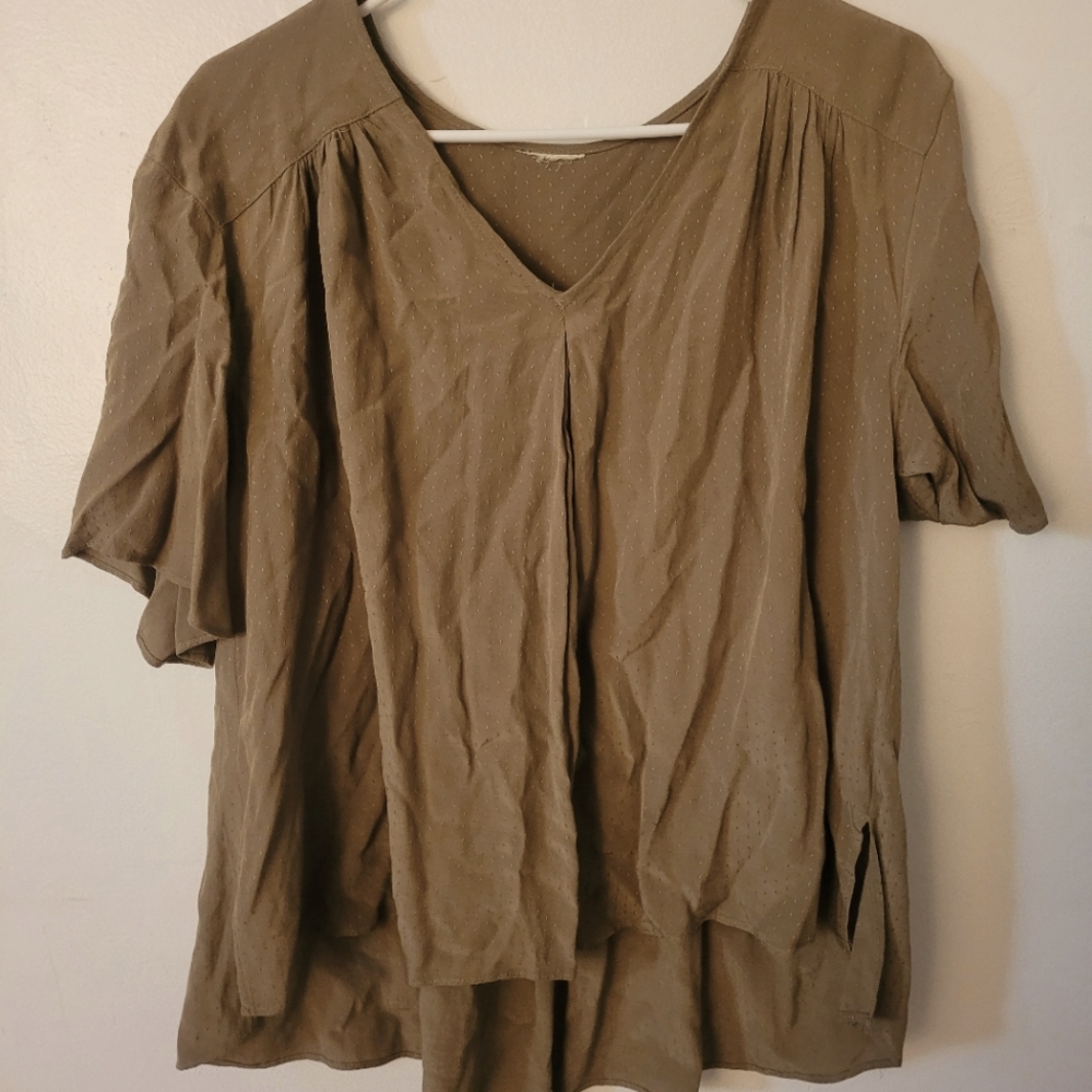 Flowy Khaki Soft Green Silky Blouse Subtle Detailing on Fabric Flutter Sleeves